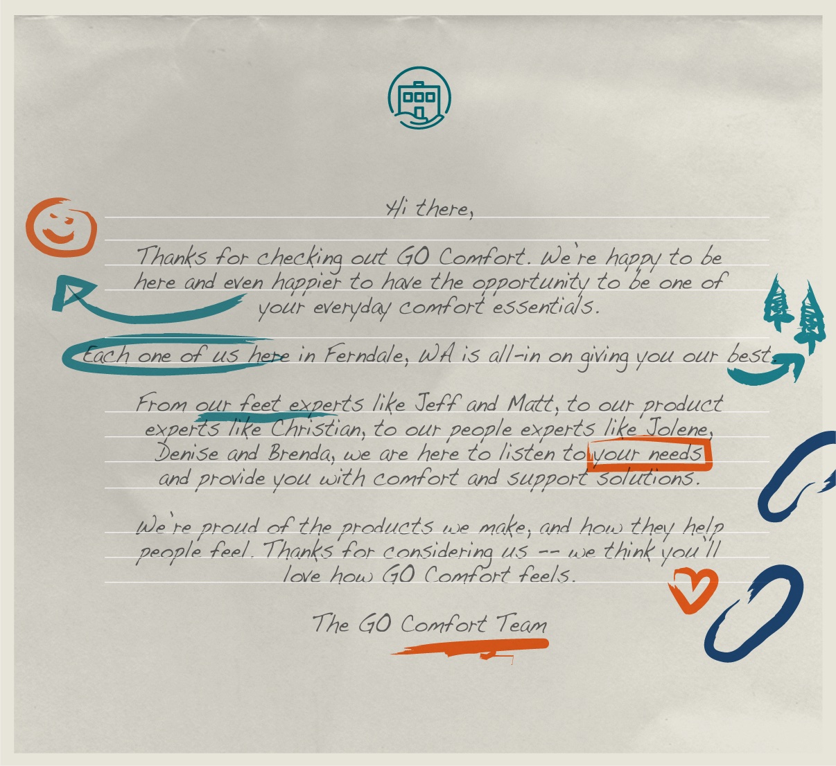 Handwritten letter from the Go Comfort owners