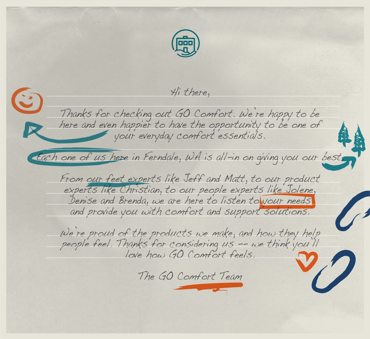 Handwritten letter from the Go Comfort owners